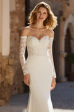 Ivory Mermaid Off the Shoulder Chiffon Wedding Dress with Sleeves