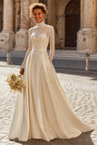 Ivory High Neck Ball Gown Satin Vintage Wedding Dress with Sleeves