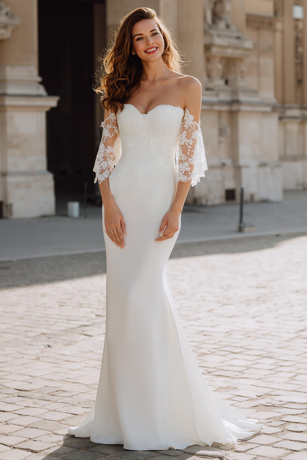 White Chiffon Off the Shoulder Mermaid Wedding Dress with Sleeves
