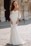 White Chiffon Off the Shoulder Mermaid Wedding Dress with Sleeves