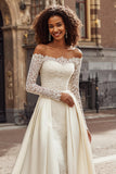Princess Ivory Off the Shoulder Satin Wedding Dress with Sleeves