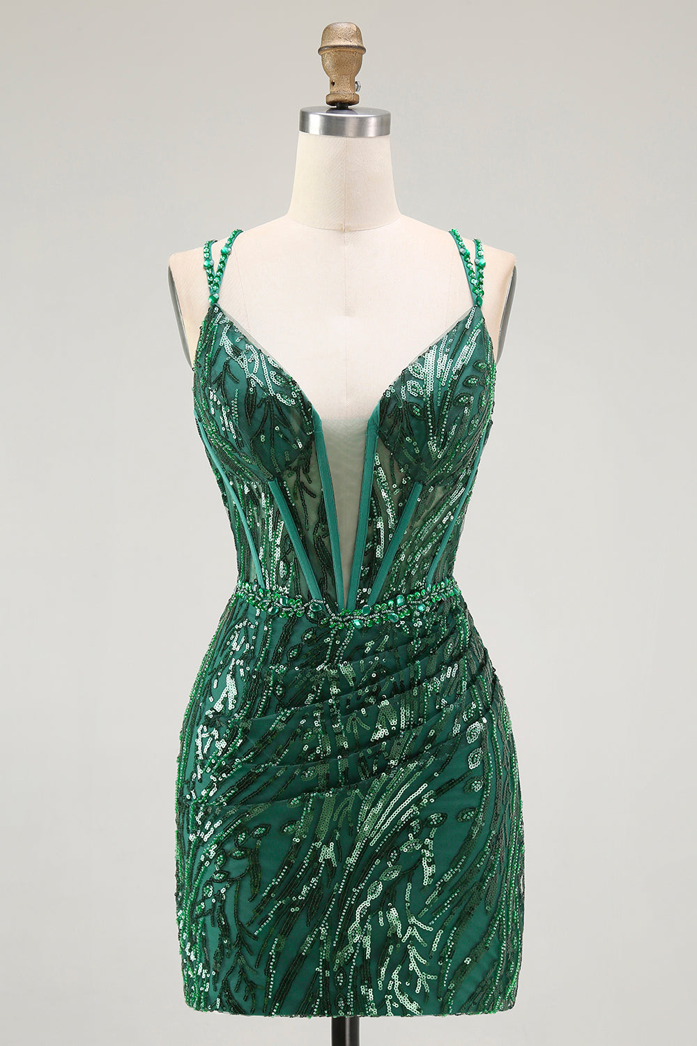 Sparkly Sequin Dark Green Corset Tight Spaghetti Straps Short Cocktail Dress