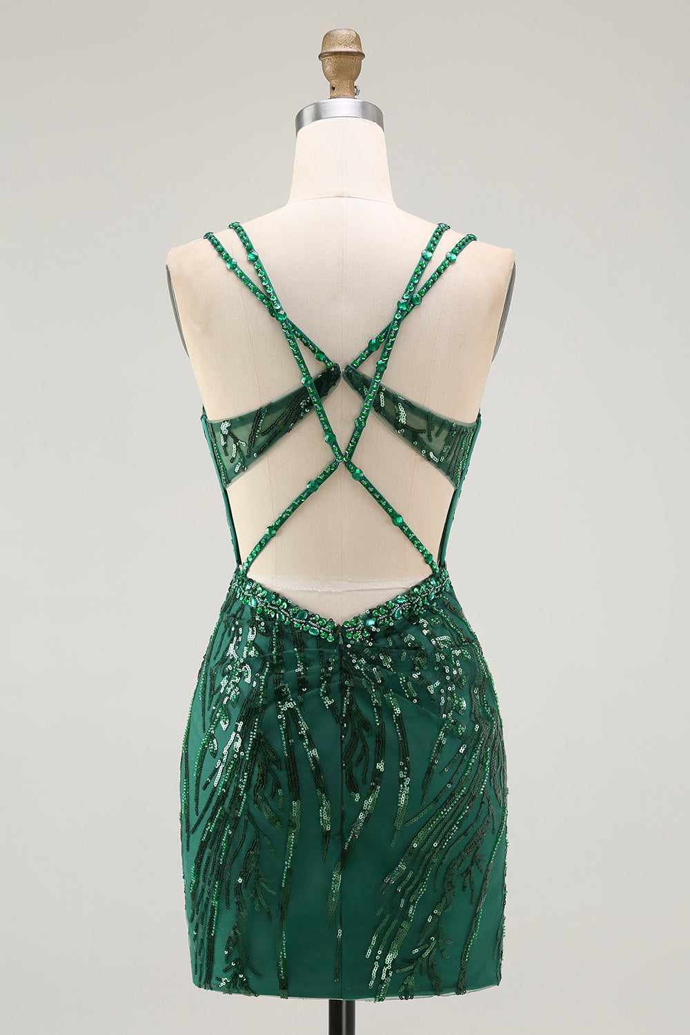 Sparkly Sequin Dark Green Corset Tight Spaghetti Straps Short Cocktail Dress
