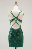 Sparkly Sequin Dark Green Corset Tight Spaghetti Straps Short Cocktail Dress