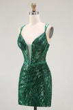 Sparkly Sequin Dark Green Corset Tight Spaghetti Straps Short Cocktail Dress