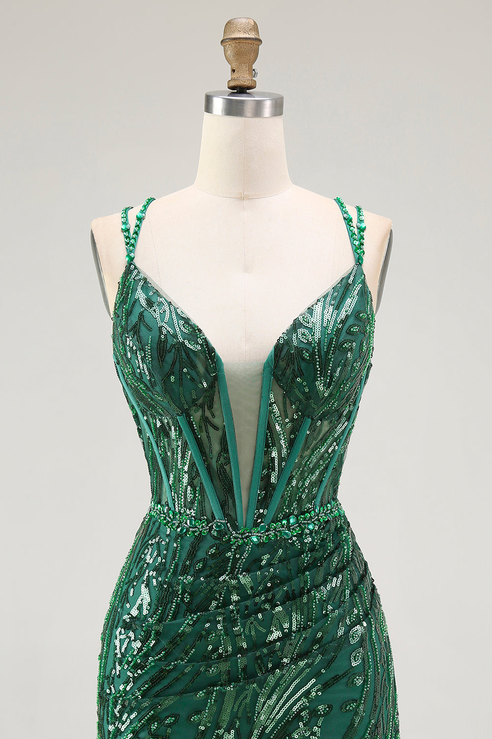 Sparkly Sequin Dark Green Corset Tight Spaghetti Straps Short Cocktail Dress