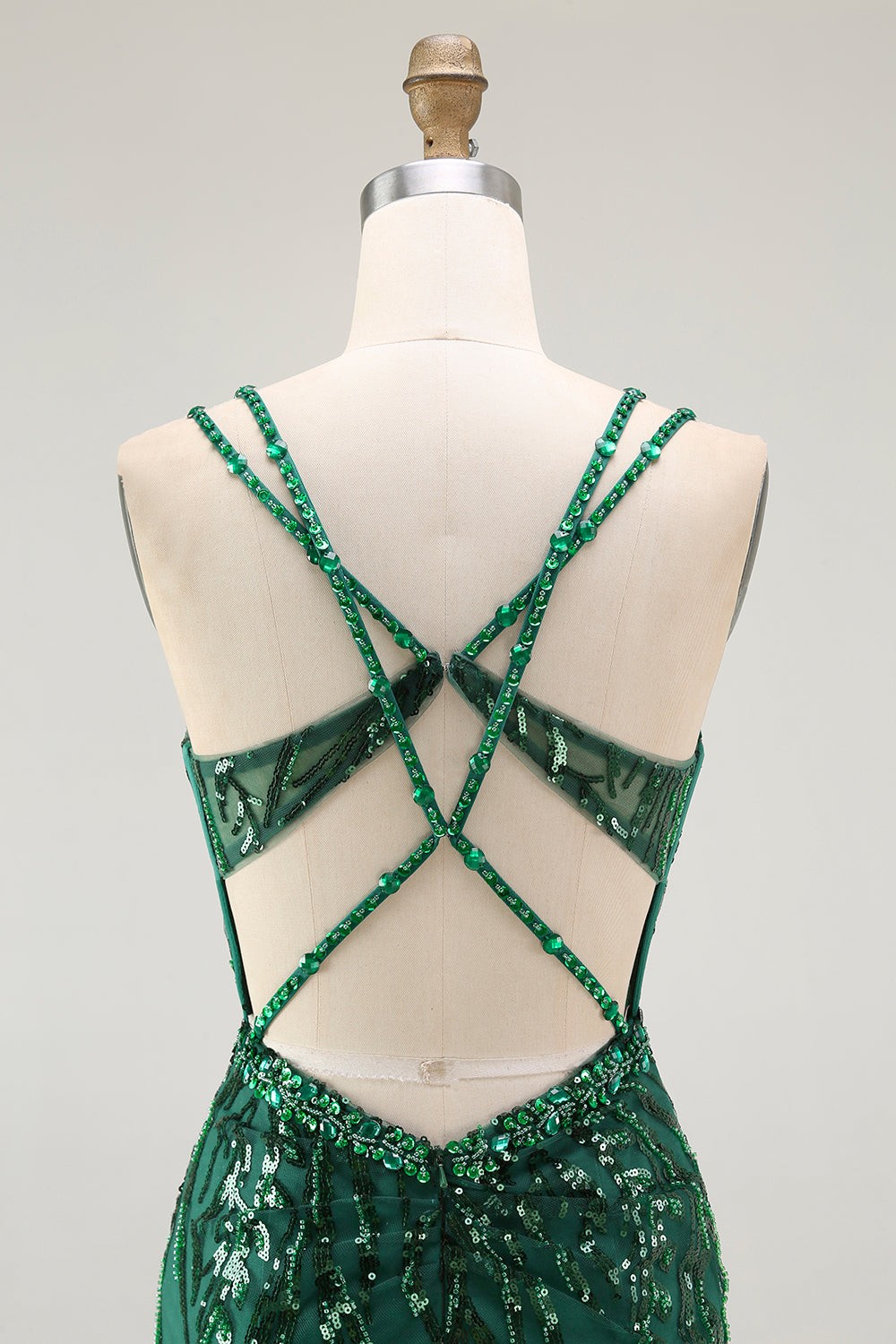 Sparkly Sequin Dark Green Corset Tight Spaghetti Straps Short Cocktail Dress
