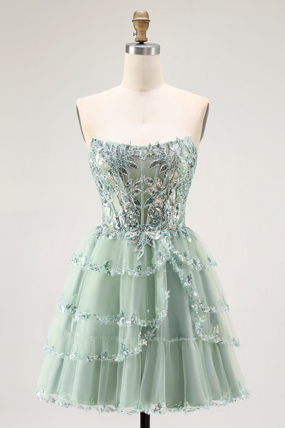 Sparkly Dusty Sage Tiered Strapless Short Cocktail Dress