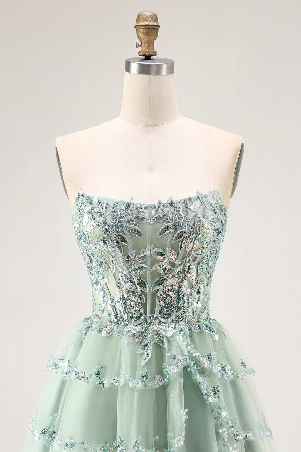 Sparkly Dusty Sage Tiered Strapless Short Cocktail Dress