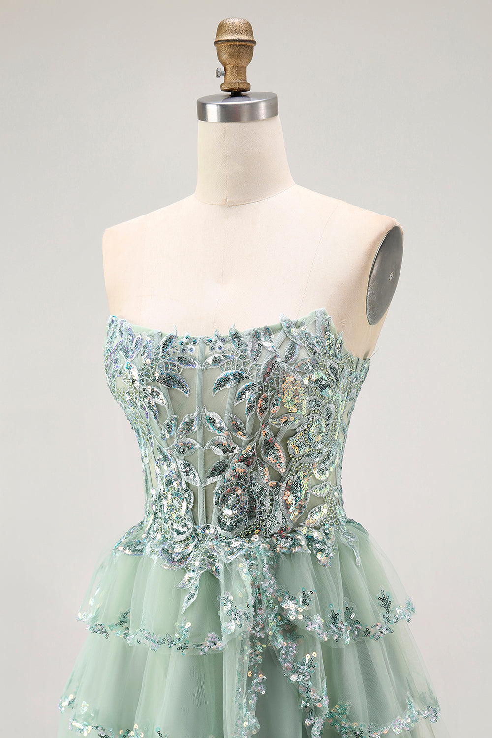 Sparkly Dusty Sage Tiered Strapless Short Cocktail Dress