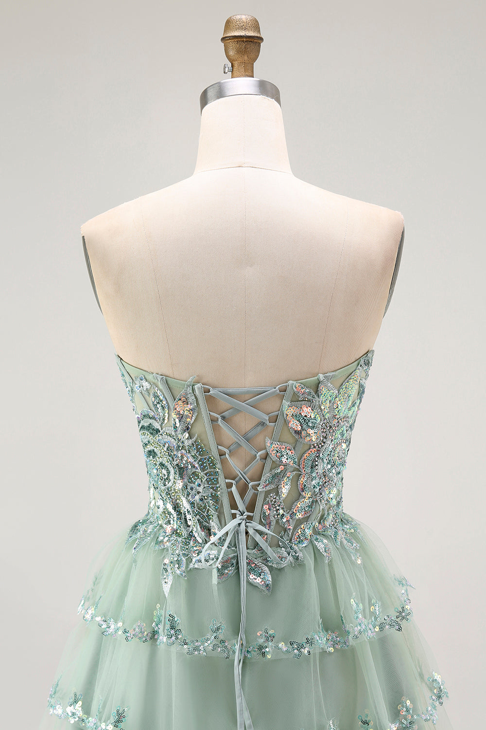 Sparkly Dusty Sage Tiered Strapless Short Cocktail Dress