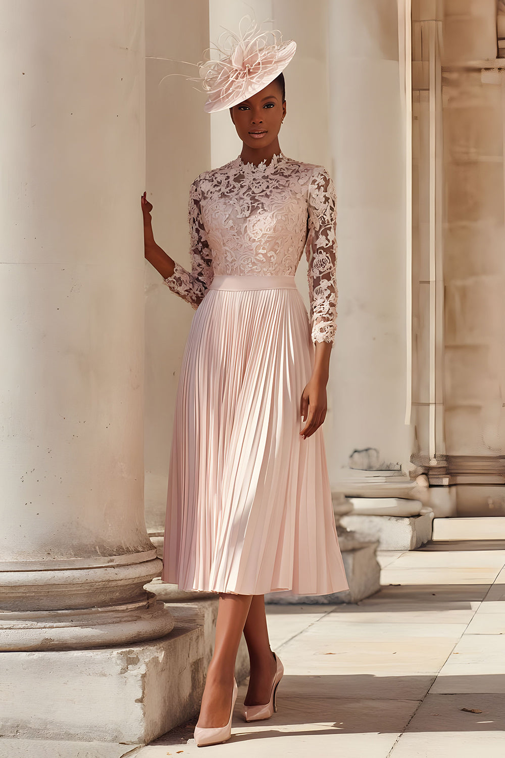 Blush Pink Pleated A Line Midi Mother of the Bride Dress with Lace