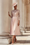 Blush Pink Pleated A Line Midi Mother of the Bride Dress with Lace