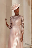Blush Pink Pleated A Line Midi Mother of the Bride Dress with Lace
