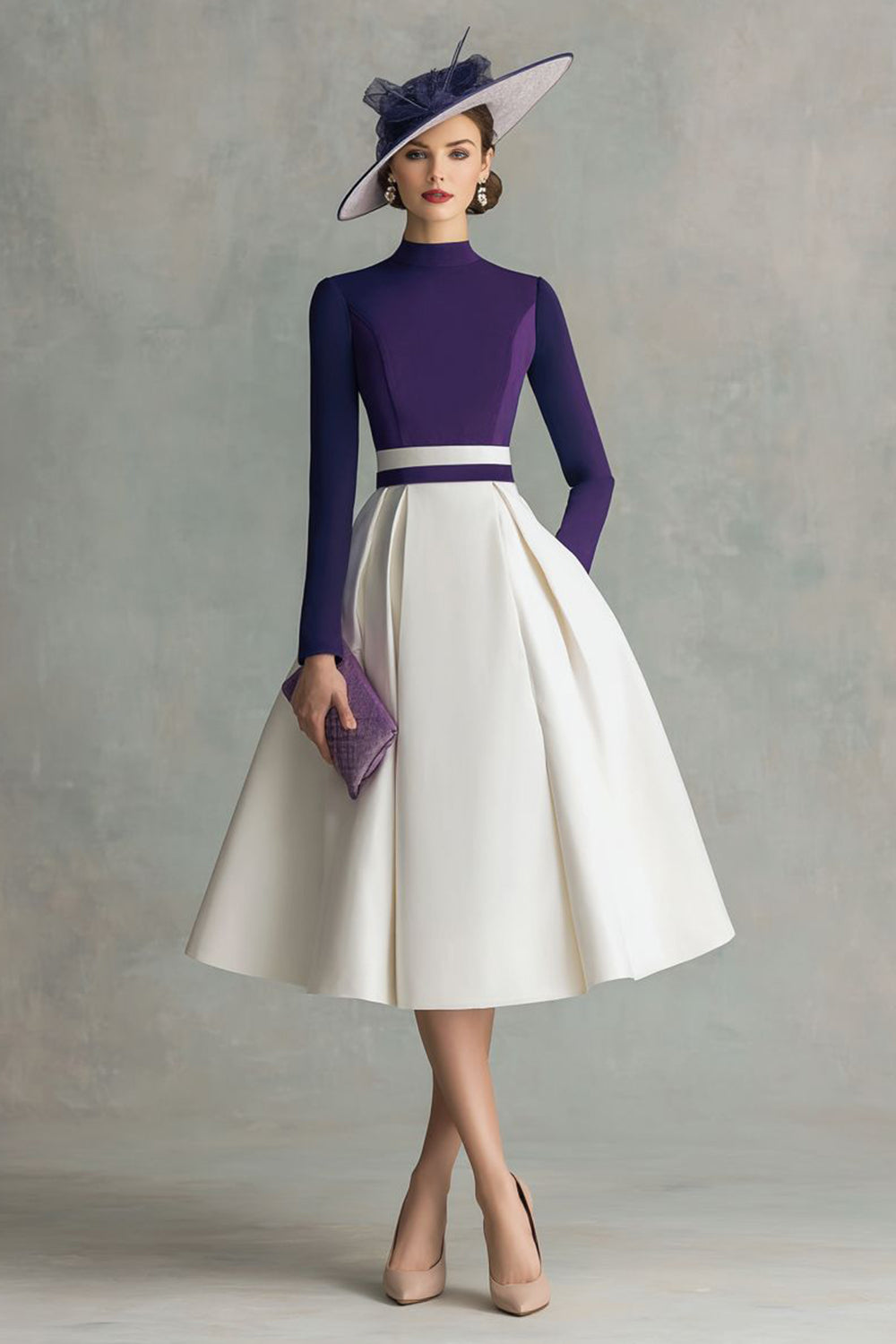 Plum Satin High Neck Midi Mother of the Bride Dress with Sleeves