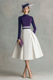 Plum Satin High Neck Midi Mother of the Bride Dress with Sleeves