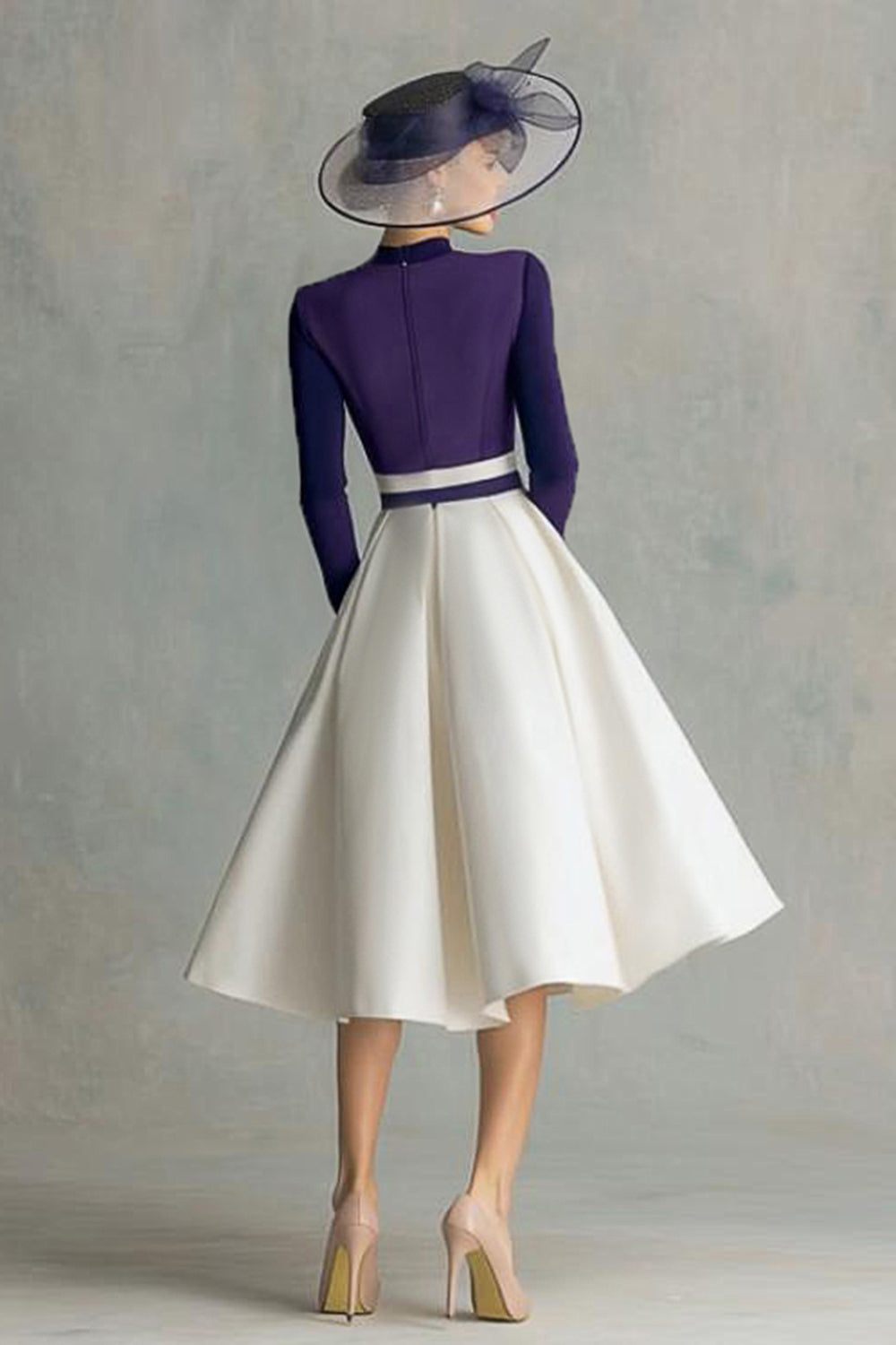Plum Satin High Neck Midi Mother of the Bride Dress with Sleeves