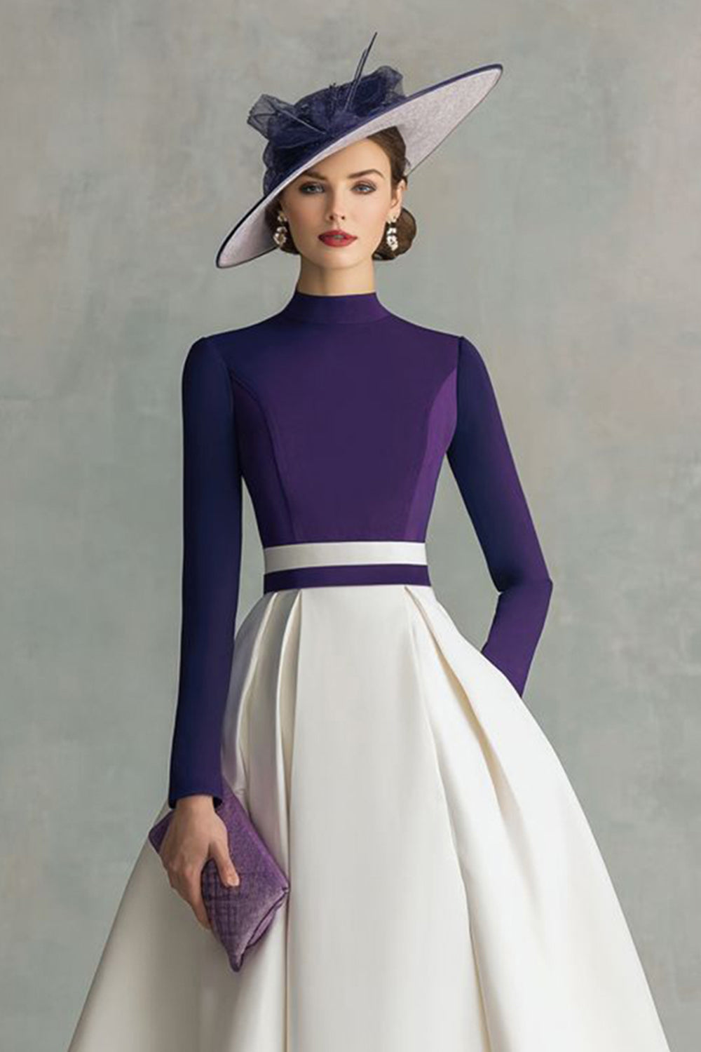 Plum Satin High Neck Midi Mother of the Bride Dress with Sleeves