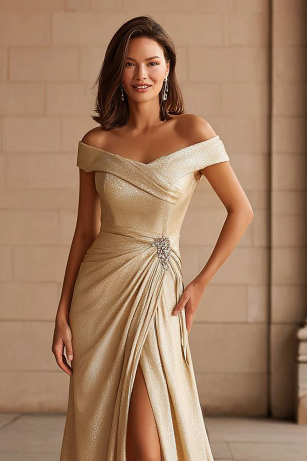 Champagne Maxi Off the Shoulder Mother of the Bride Dress with Slit