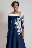 Navy A Line Floral Midi Mother of the Bride Dress with Sleeves
