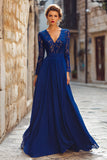 Dark Blue Chiffon V-Neck Long Mother of the Bride Dress with Lace