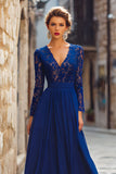 Dark Blue Chiffon V-Neck Long Mother of the Bride Dress with Lace