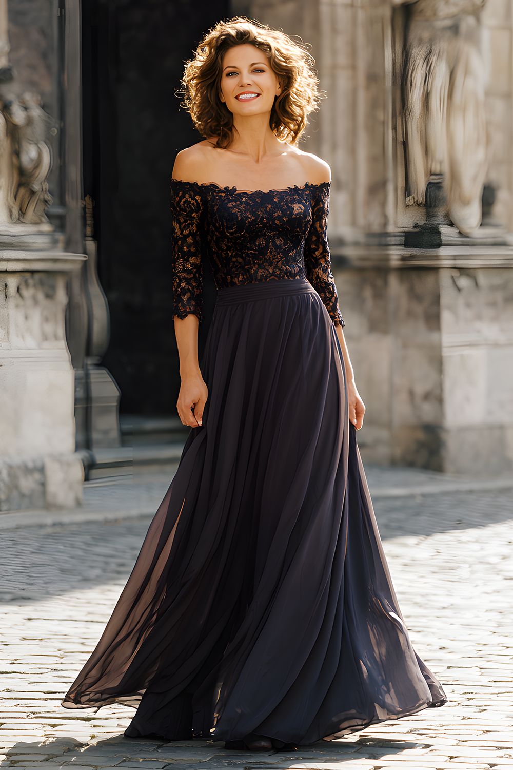 Black Long Chiffon Off the Shoulder Mother of the Bride Dress with Lace