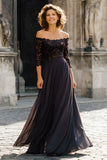 Black Long Chiffon Off the Shoulder Mother of the Bride Dress with Lace