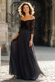 Black Long Chiffon Off the Shoulder Mother of the Bride Dress with Lace