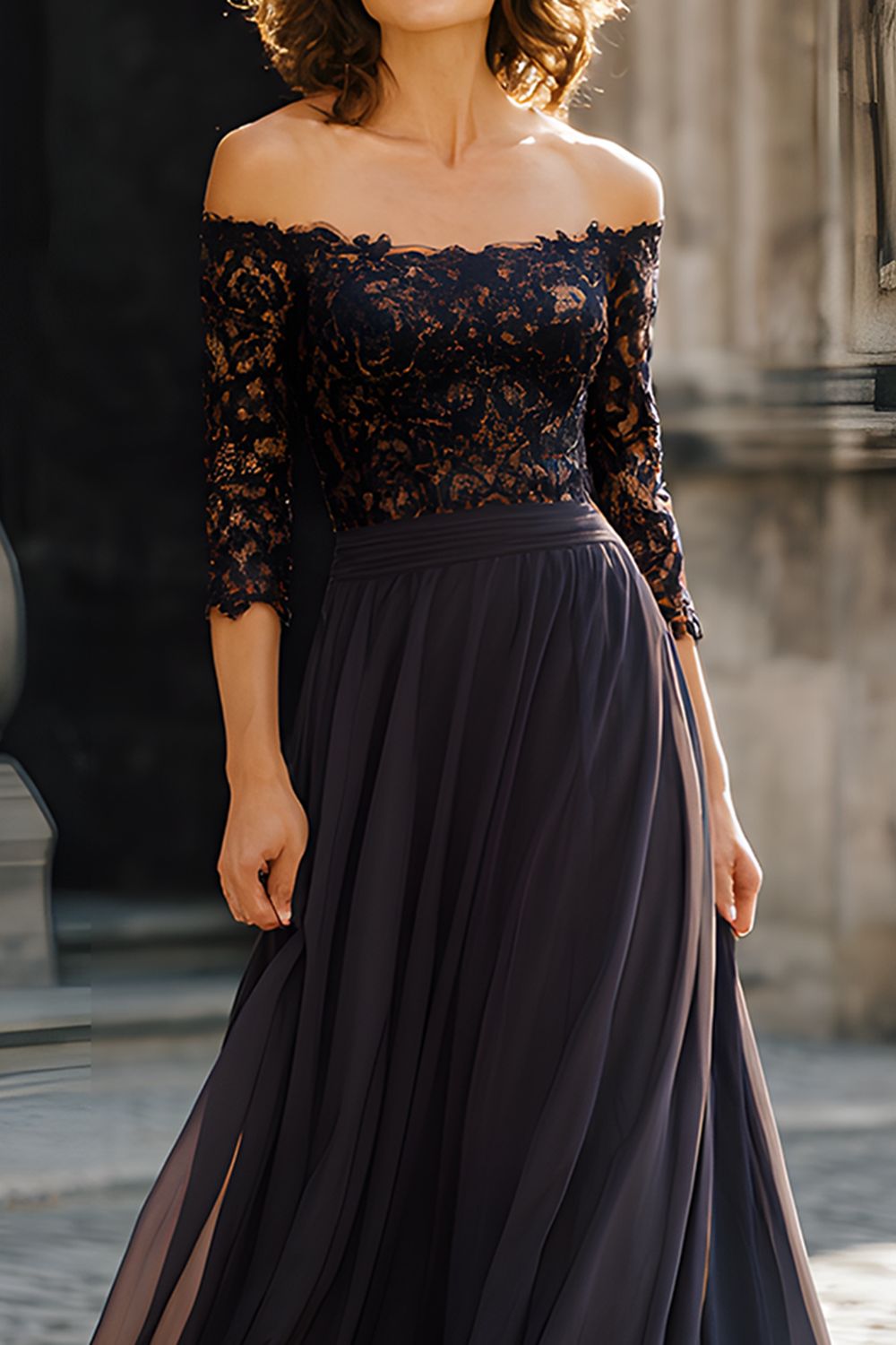 Black Long Chiffon Off the Shoulder Mother of the Bride Dress with Lace