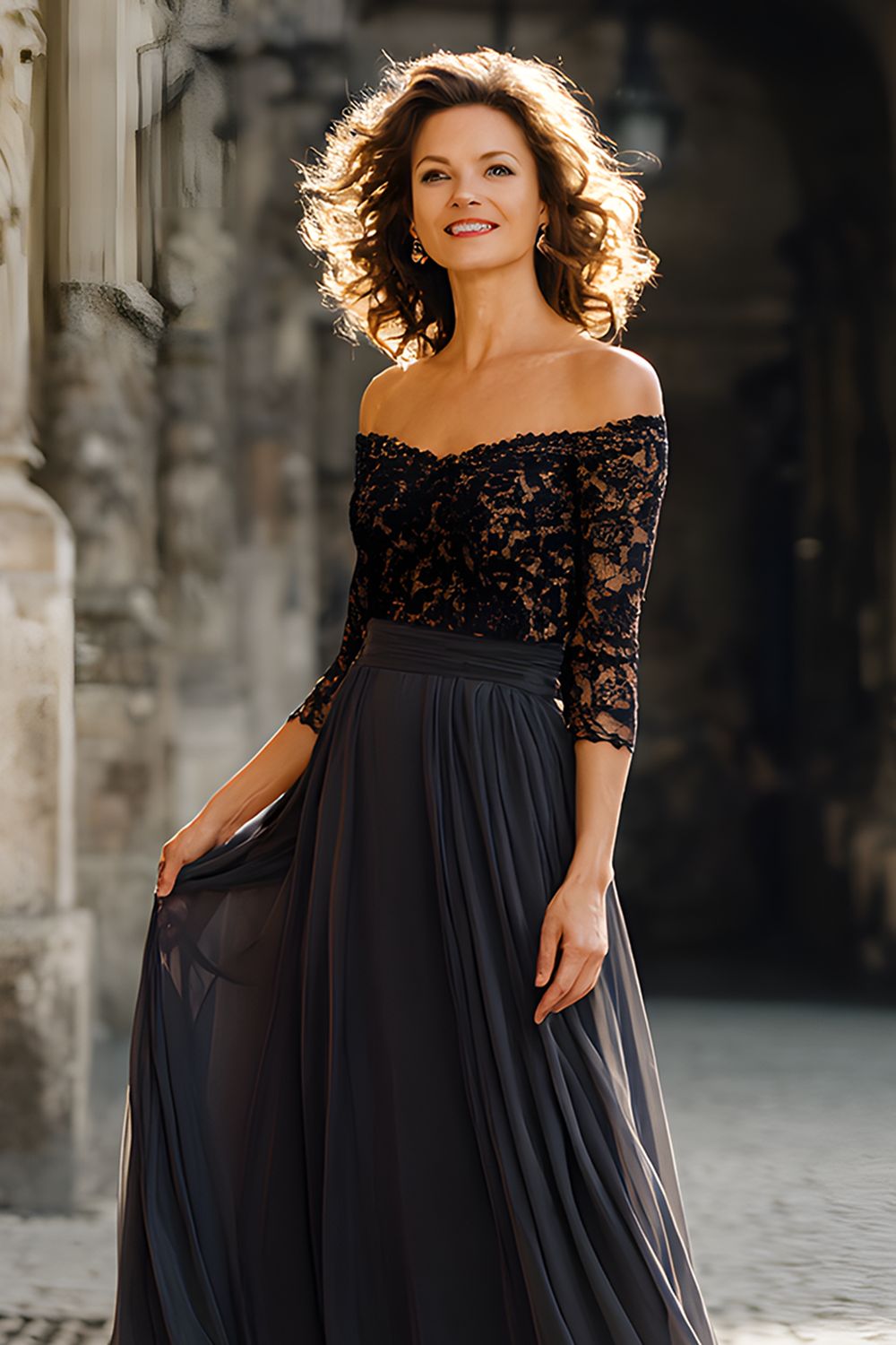 Black Long Chiffon Off the Shoulder Mother of the Bride Dress with Lace