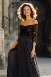 Black Long Chiffon Off the Shoulder Mother of the Bride Dress with Lace