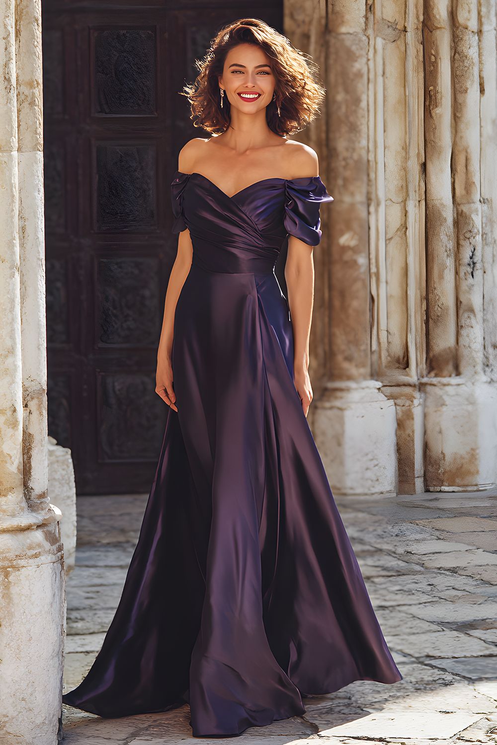 Plum Sheath Maxi Off the Shoulder Mother of the Bride Dress