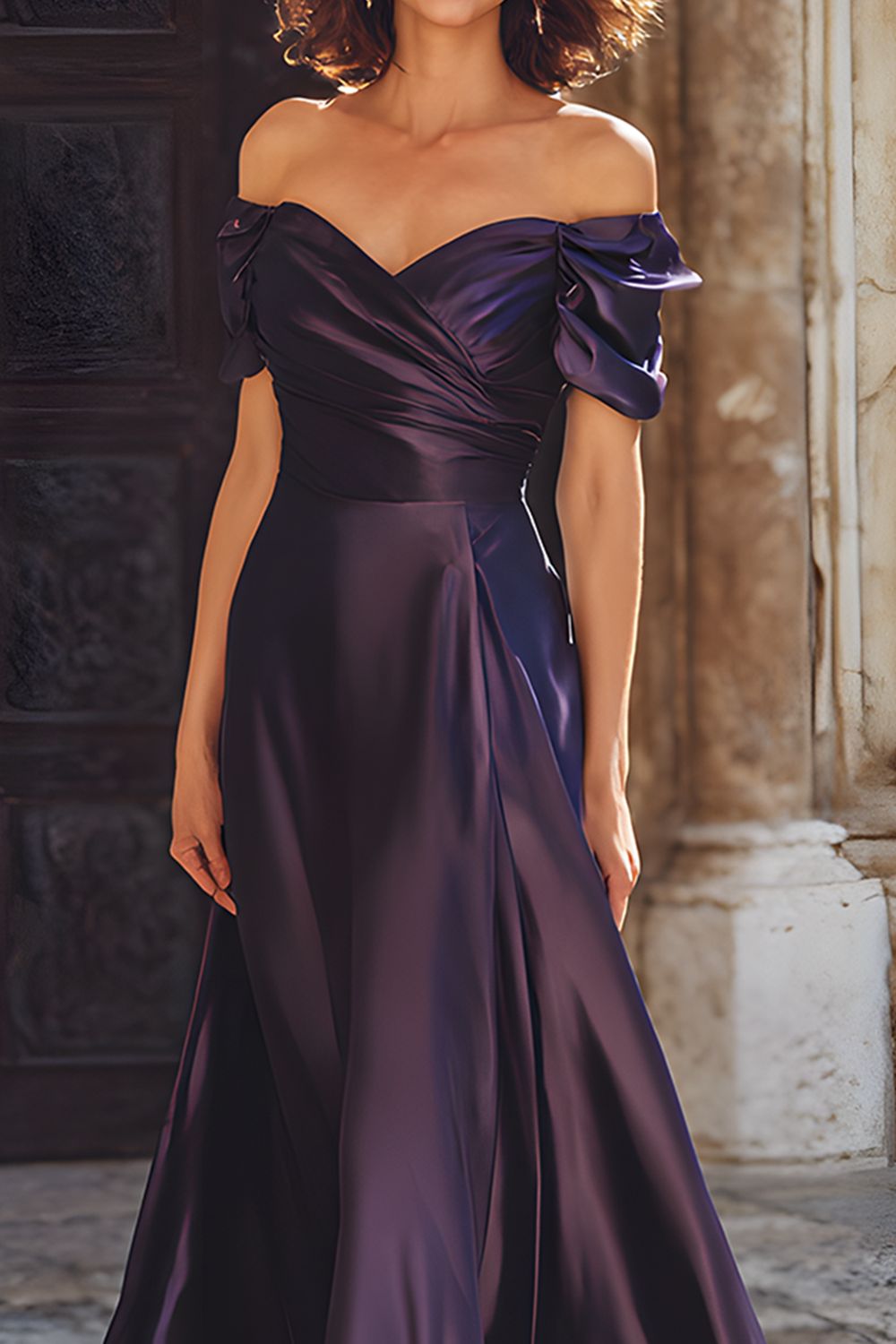 Plum Sheath Maxi Off the Shoulder Mother of the Bride Dress