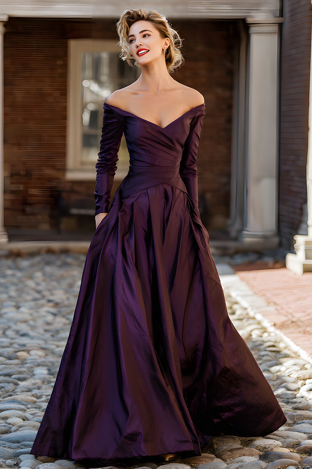 Plum A Line Off the Shoulder Long Mother of the Bride Dress with Sleeves