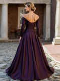 Plum A Line Off the Shoulder Long Mother of the Bride Dress with Sleeves