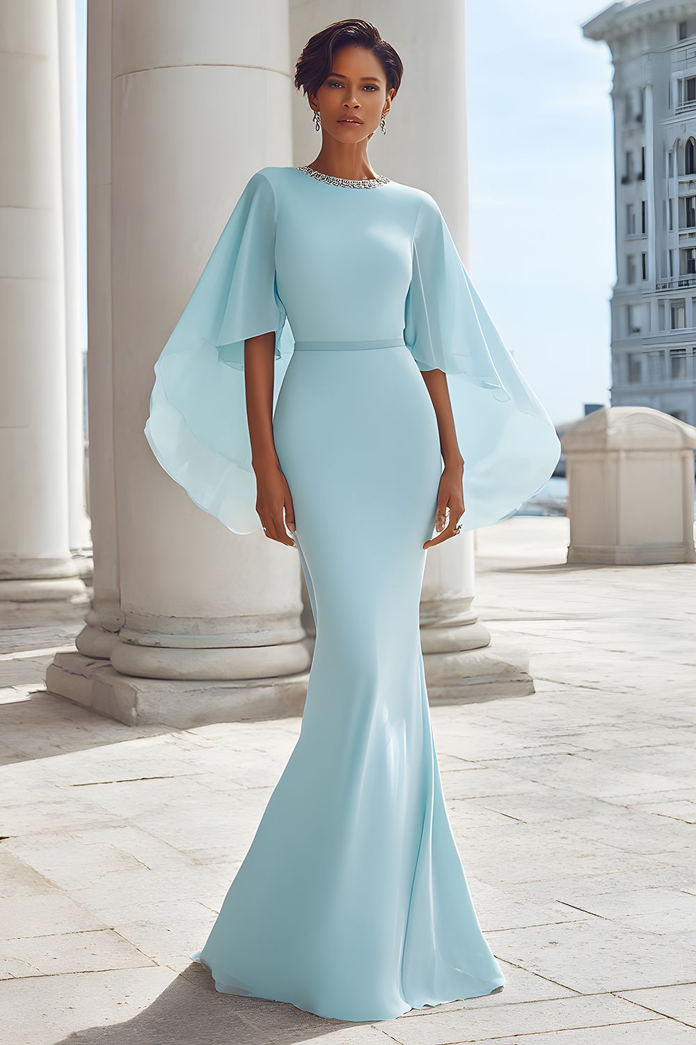 Light Blue Long Mermaid Mother of the Bride Dress with Sleeves