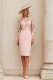 Blush Pink Midi Illusion Boat Neck Mother of the Bride Dress with Lace