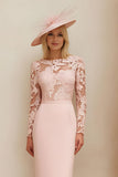 Blush Pink Midi Illusion Boat Neck Mother of the Bride Dress with Lace