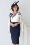 Navy Satin Scoop Neck Midi Mother of the Bride Dress with Sleeves