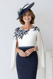 Navy Satin Scoop Neck Midi Mother of the Bride Dress with Sleeves
