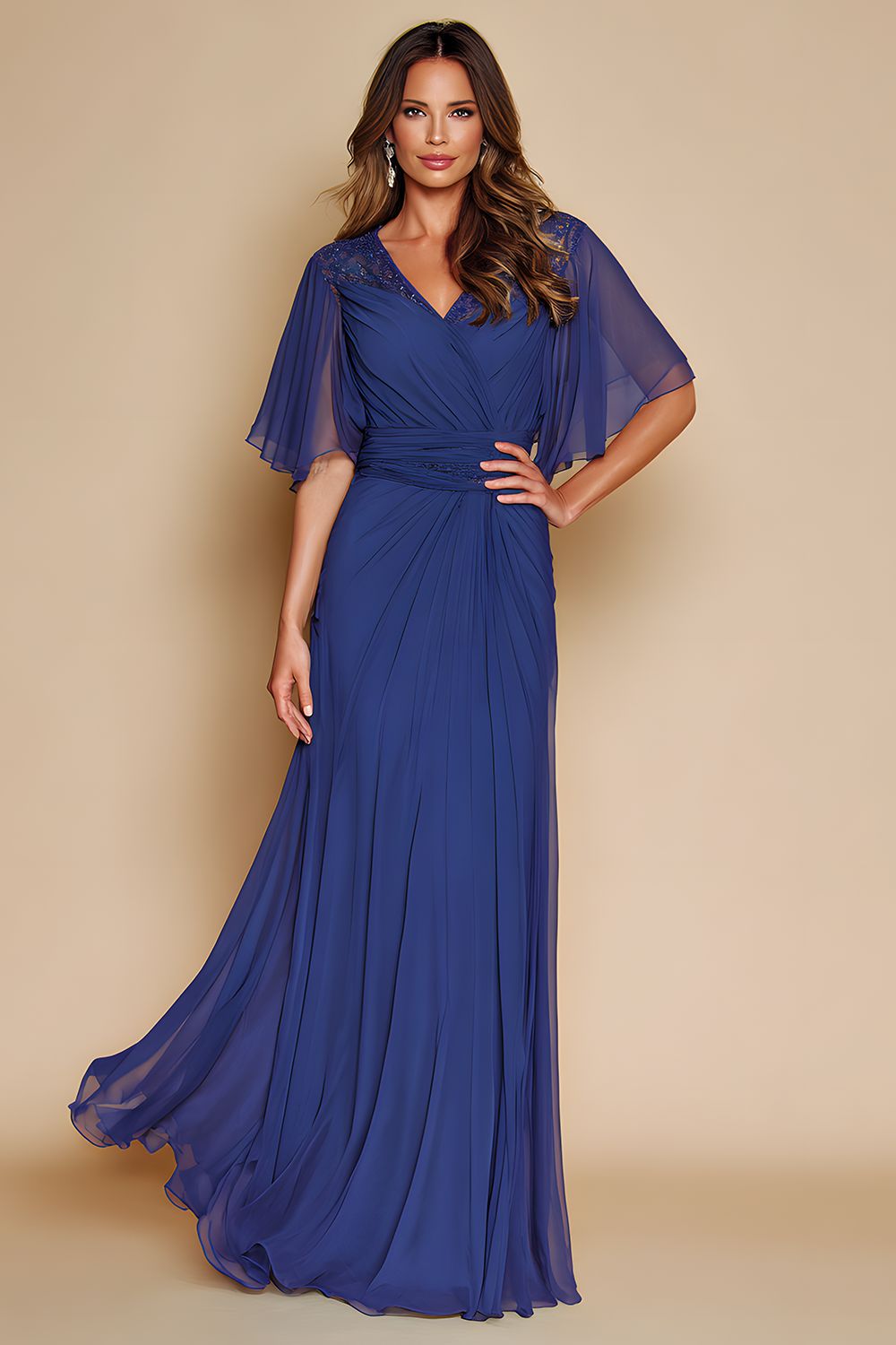 Dark Blue V-Neck Maxi Mother of the Bride Dress with Sleeves