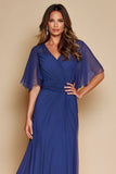 Dark Blue V-Neck Maxi Mother of the Bride Dress with Sleeves