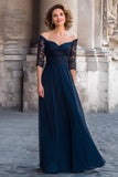 Navy Long Off the Shoulder Mother of the Bride Dress with Lace