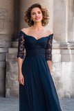 Navy Long Off the Shoulder Mother of the Bride Dress with Lace