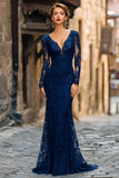 Navy Mermaid Lace V-Neck Maxi Mother of the Bride Dress