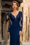Navy Mermaid Lace V-Neck Maxi Mother of the Bride Dress