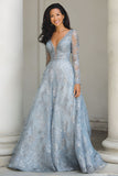 Blue and Silver V-Neck A Line Long Lace Mother of the Bride Dress with Sleeves