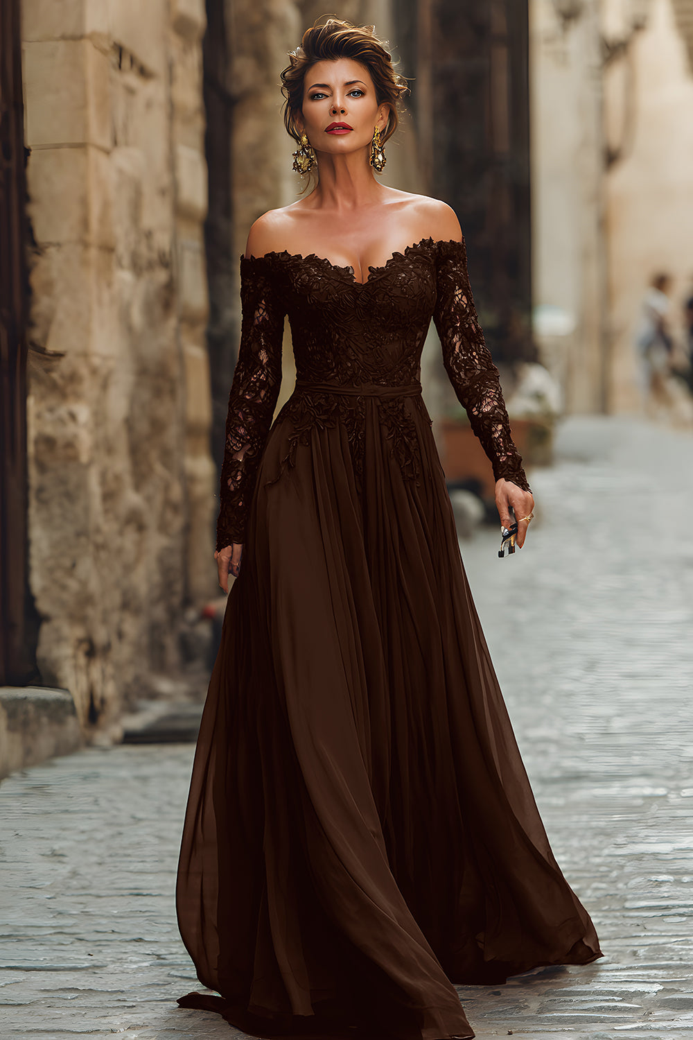 Cabernet Chiffon A Line Maxi Mother of the Bride Dress with Lace