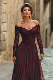 Cabernet A Line Chiffon Long Mother of the Bride Dress with Sleeves